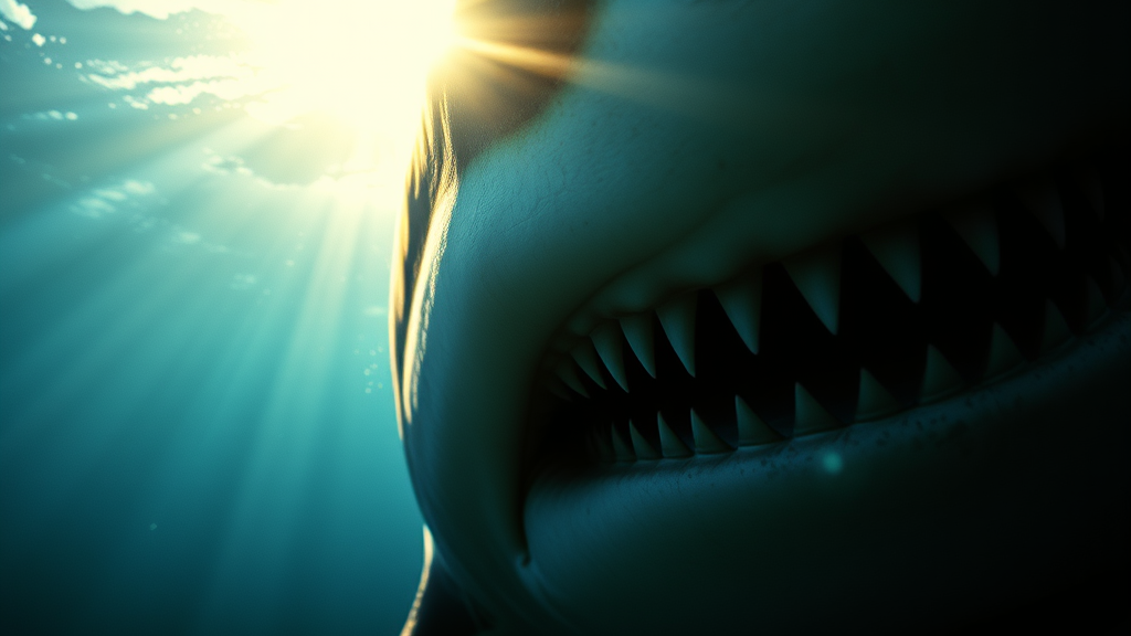 image réalisée ave IA. tête de requin vu de près avec gros plan sur la mâchoire.