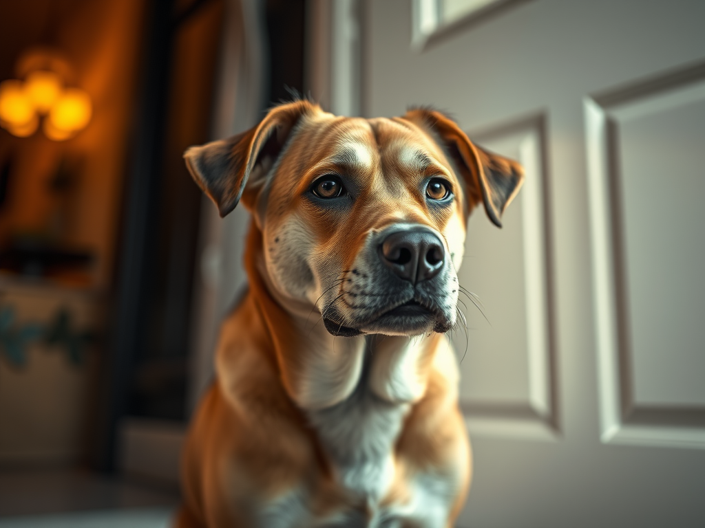 chien triste qui attend son humain derrière la porte d'entrée