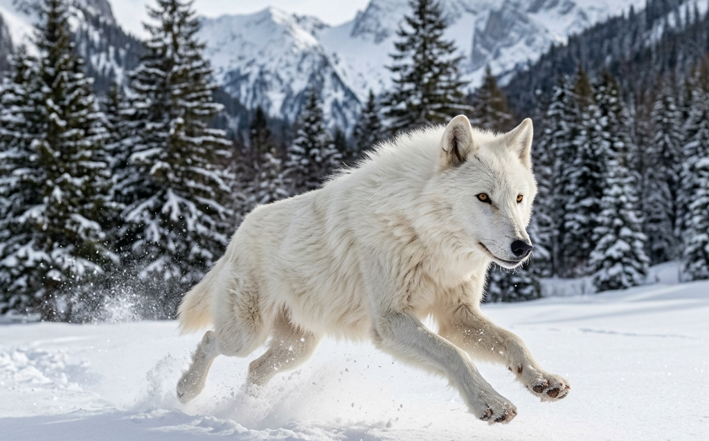 White wolf running through snow in a forest with mountains