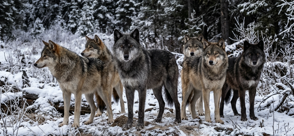 Six wolves standing on snow-covered ground with a snowy forest background