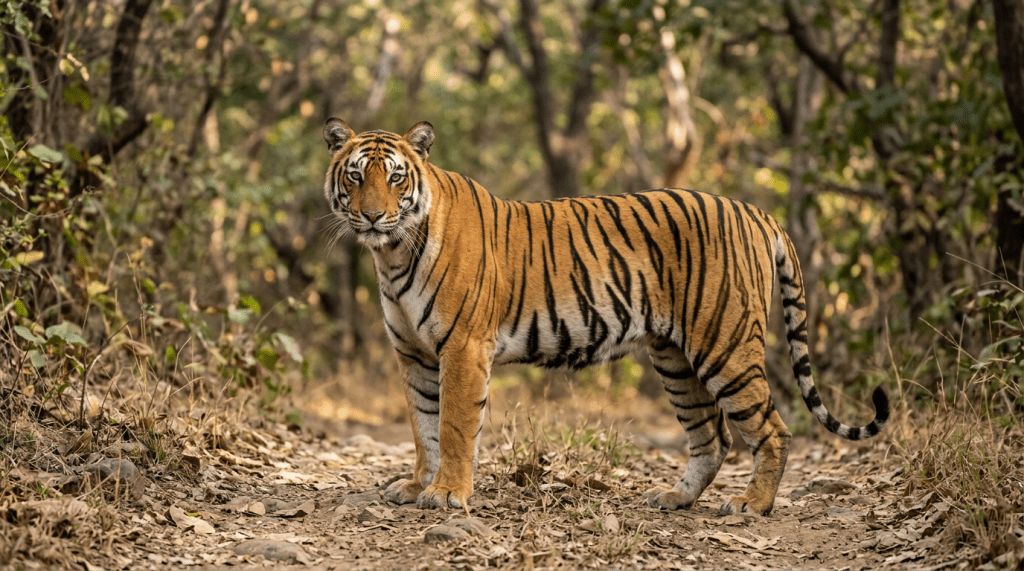 Bengal tiger standing on a dry forest path with trees and bushes in background