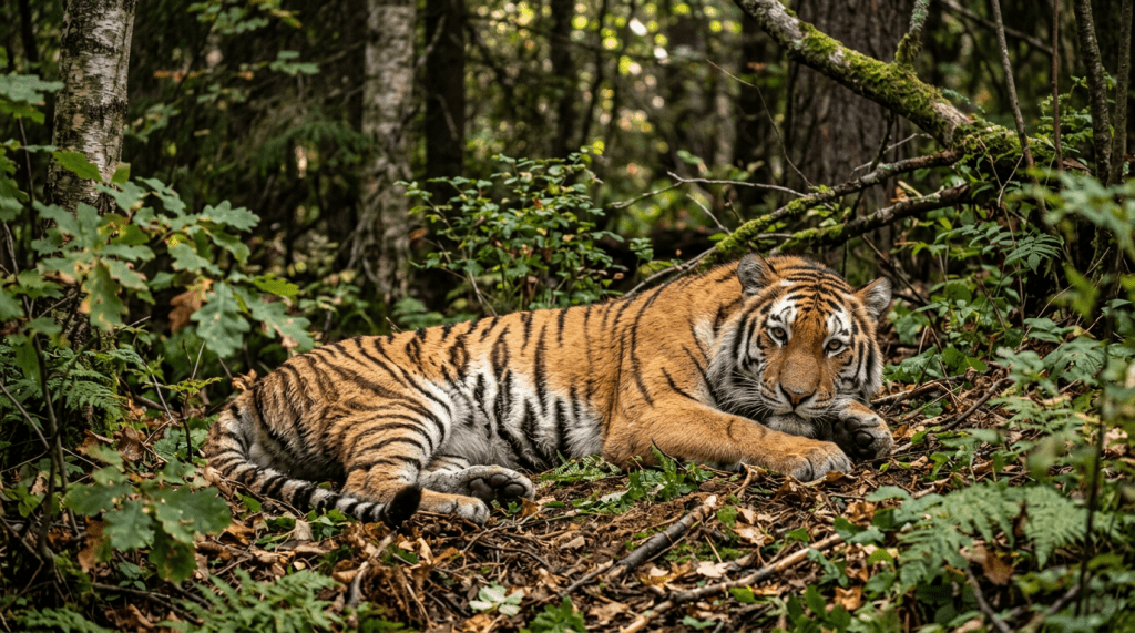 Tiger resting on leafy forest ground amidst trees and plants