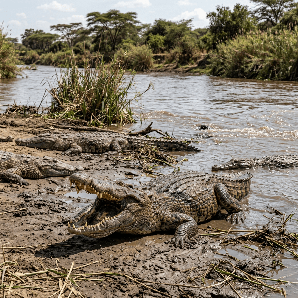 Nile crocodiles lying on muddy riverbank with one crocodile opening its jaws