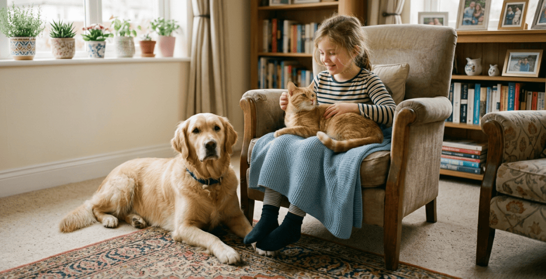 Girl sitting on armchair petting a cat with a golden retriever lying nearby