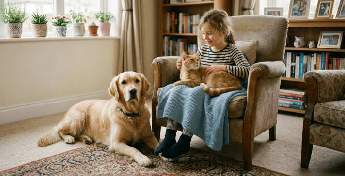Girl sitting on armchair petting a cat with a golden retriever lying nearby