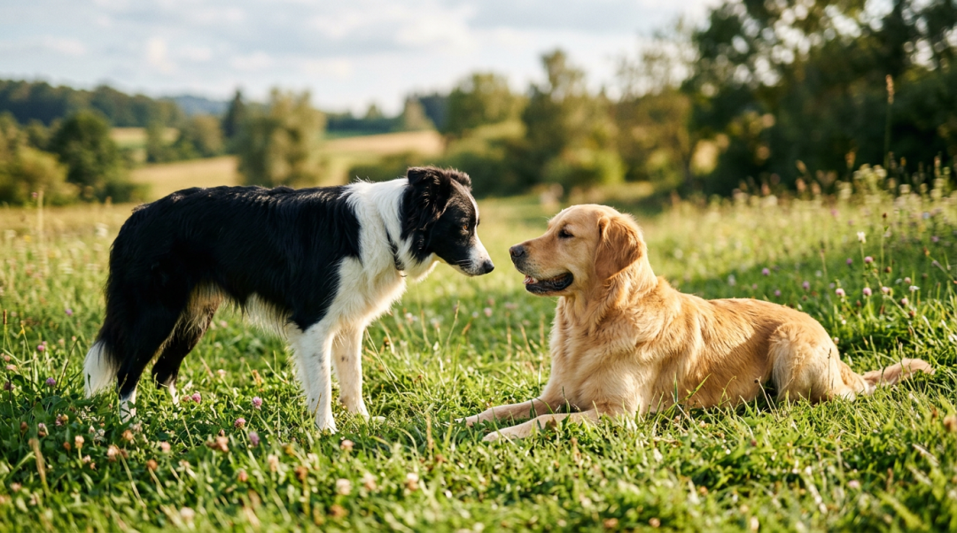 Border Collie standing and Golden Retriever lying facing each other in a grassy meadow