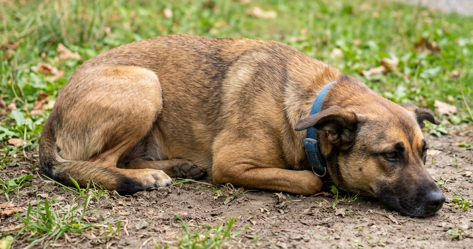 Brown and black dog lying on dirt patch next to grassy park path