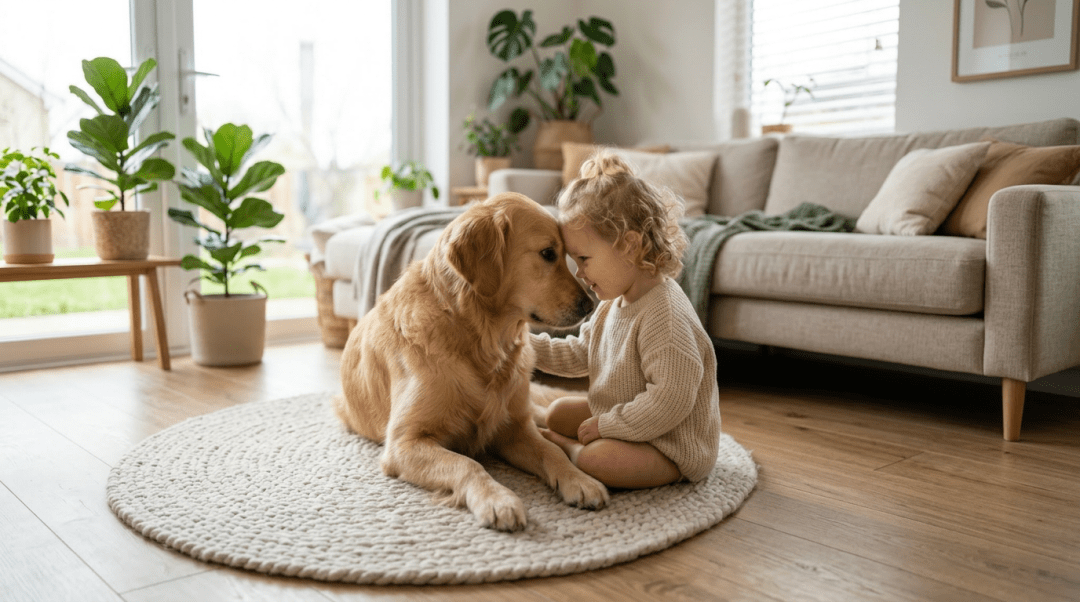 Toddler sitting on rug gently touching foreheads with golden retriever dog indoors