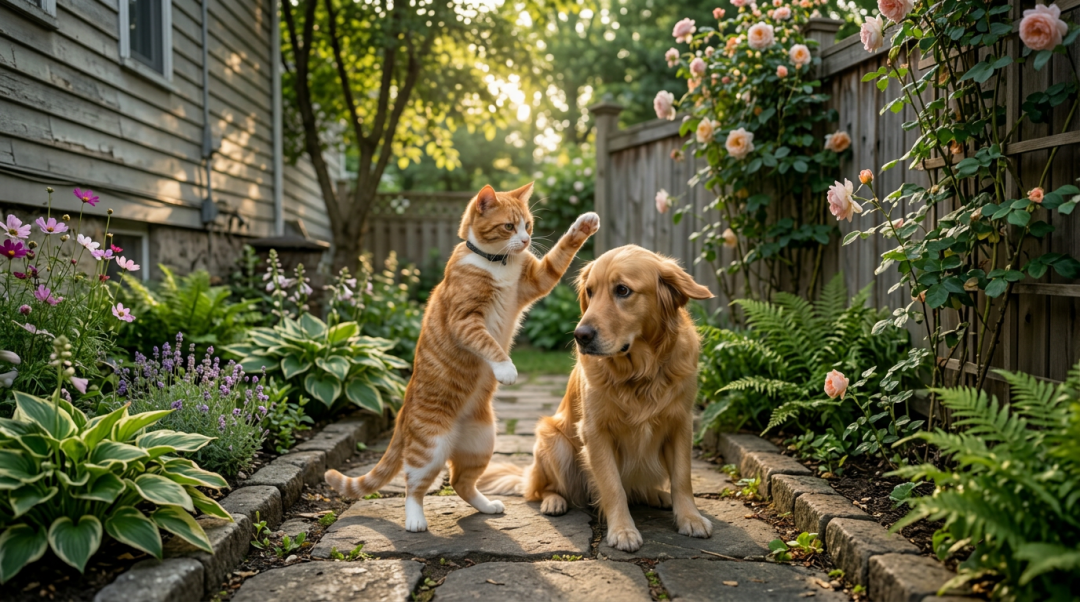Orange tabby cat reaching paw toward golden retriever sitting on rug