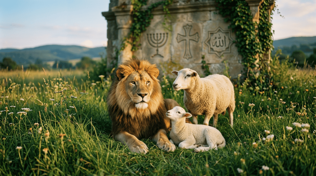 A lion wearing a Star of David, a sheep with a Christian cross necklace, and a lamb with a crescent moon necklace sit in grass before stone carvings of a menorah, cross, and Arabic calligraphy.