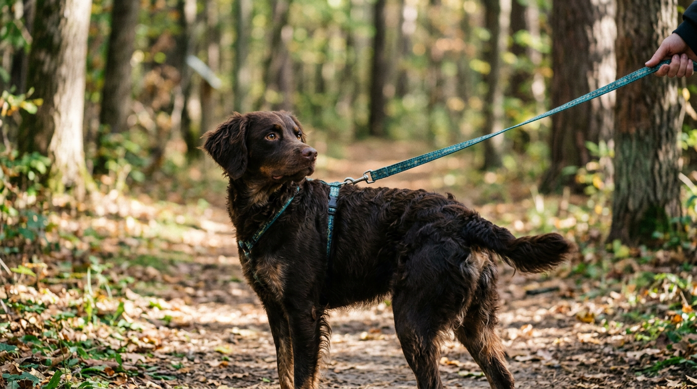 Brown dog with curly fur standing on forest trail, looking to the side, wearing blue harness and leash held by a person.