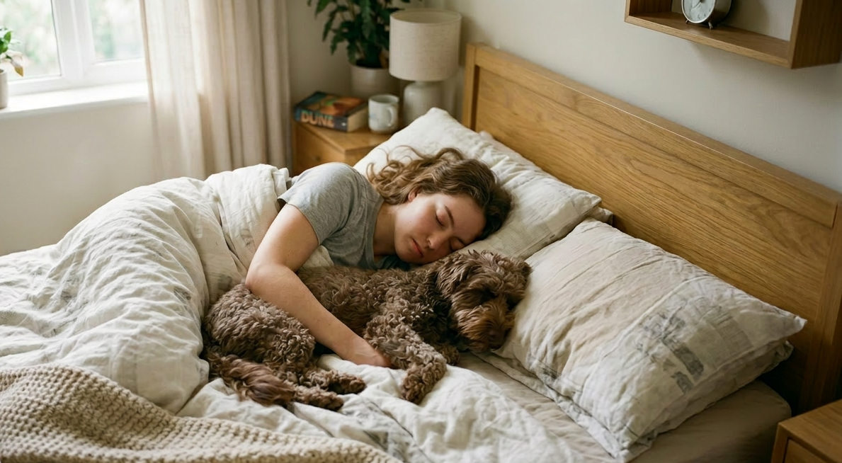 A woman lying in bed cuddling a brown curly-haired dog