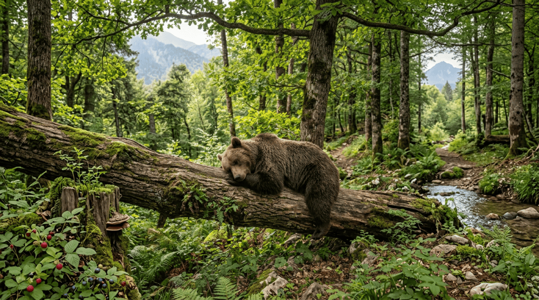 Brown bear sleeping on a fallen tree trunk in a dense green forest