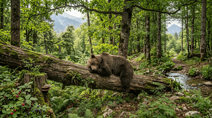 Brown bear sleeping on a fallen tree trunk in a dense green forest