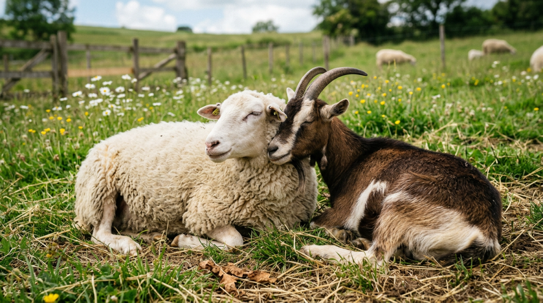 A white sheep and a brown goat lying close together on grass and straw in a field
