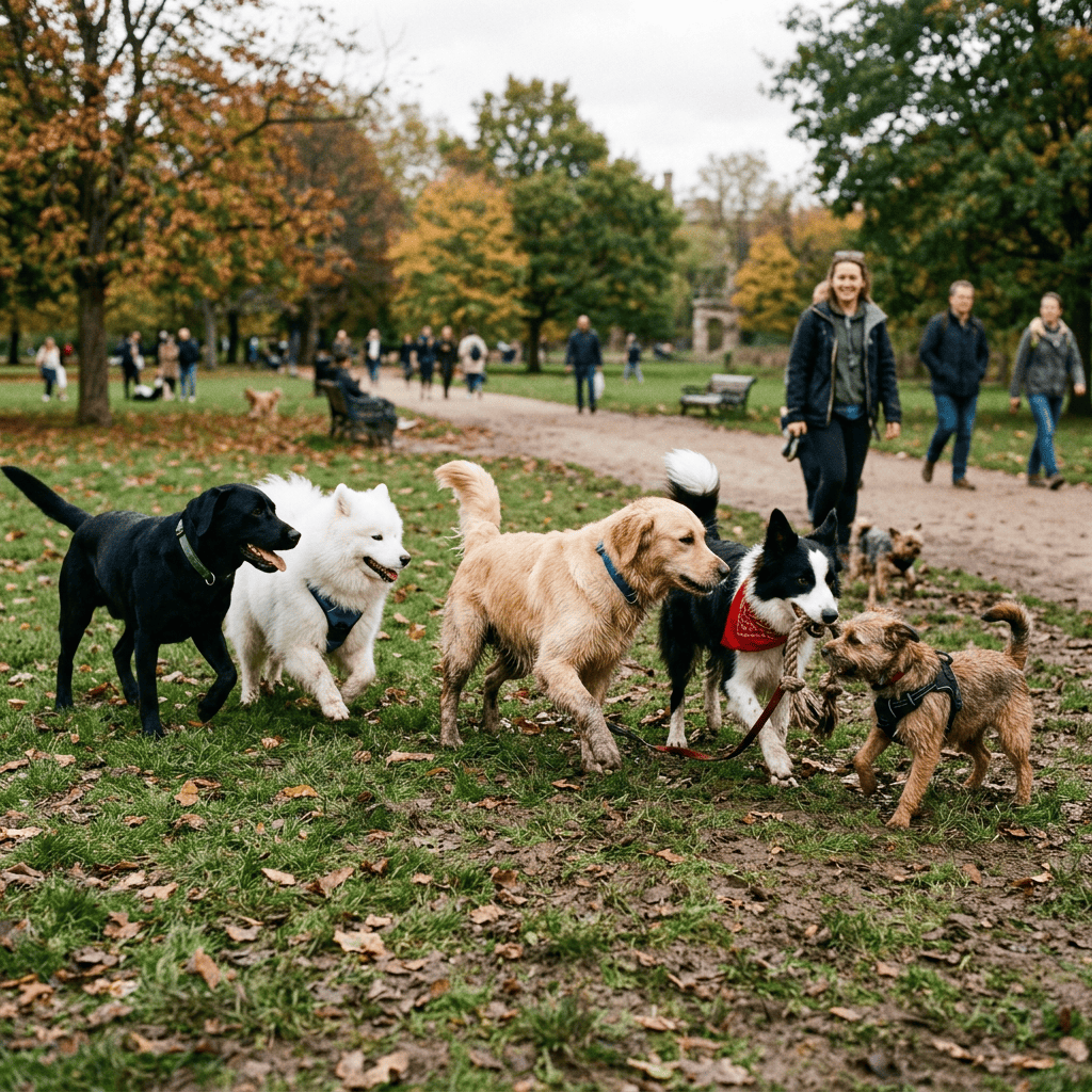 Several dogs interacting and playing on grassy ground covered with fallen leaves in a park
