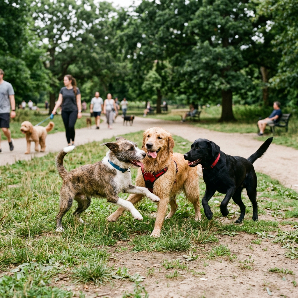 Three dogs playing together on a grassy patch beside a park path with people walking in background