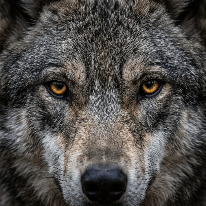 Close-up of a wolf's face showing amber eyes and detailed fur texture