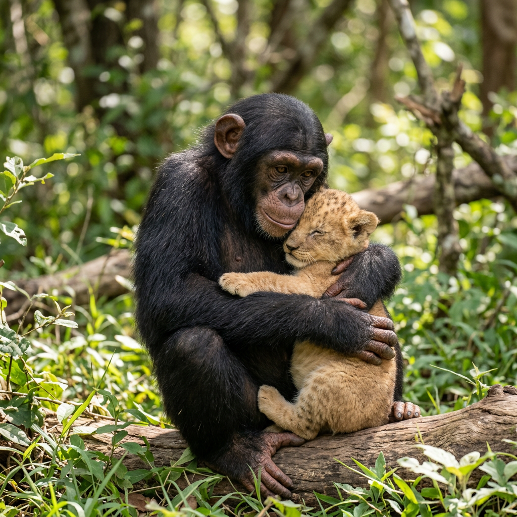 Young chimpanzee hugging lion cub while sitting on a log in forest